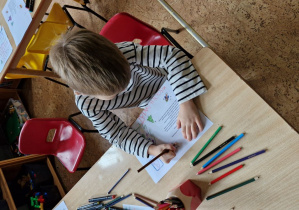 chłopiec koloruje rakietę